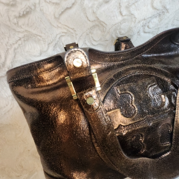 EUC TORY BURCH METALLIC BROWN/BRONZ BAG GOLD HARDWARE FULL ZIP - Picture 7 of 16